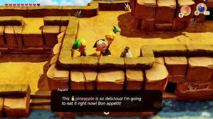 Zelda ist seit jeher für ausgedehnte Tauschquests bekannt und jener in Link’s Awakening war einer der ersten. Was wir wohl von Papahl für diese Ananas bekommen?