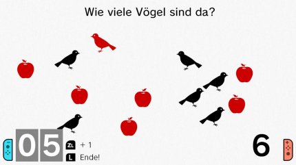 Beide Spieler zählen die Vögel im Bild und betätigen für jeden Piepmatz die Schultertaste auf dem Joy-Con. Nicht von den Äpfeln aus dem Konzept bringen lassen!
