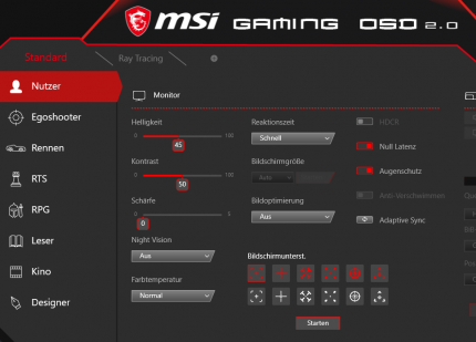 Das MSI Gaming OSD bietet viele Einstellungsoptionen - nicht auf dem Screenshop ist der rechte Bereich mit weiteren Funktionen wie einer Bild-in-Bild-Option.