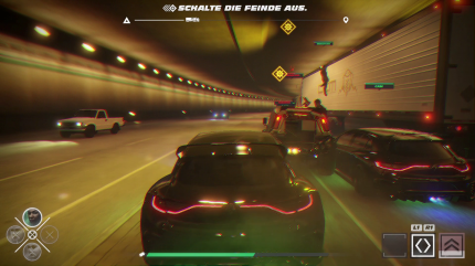 Eine typische Action-Mission: Wir müssen ein größeres Fahrzeug einholen/kaputt machen/draufspringen, während Autos der Bösen uns angreifen.