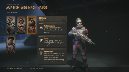 Im Early Access sind vier Charaktere spielbar. Hier sehen wir die standardmäßig mit Sturmgewehr und Pistole ausgestatte Ortega.