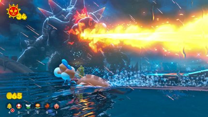 In Bowser’s Fury könnt ihr mit Plessie vor Gefahren auch abtauchen. Springt ihr mit passendem Timing aus dem Wasser, bekommt ihr einen Geschwindigkeitsschub.