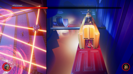 Vor allem in Bosskämpfen kommt es auf Teamwork an. Links lenkt May den Bossgegner ab, während rechts der geschrumpfte Cody in dem Vehikel des Bosses nach dem Eject-Knopf sucht.