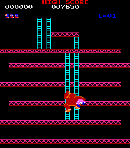 Zu Beginn des Spiels schnappt sich Donkey Kong Lady und trägt sie bis hoch nach oben auf die Spitze des Levels. Die Dame brüllt sogar „Help“ – und motiviert somit zum Spielen.