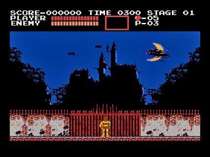 Zum Vergleich der erste Bildschirm, den wir im NES-Originalspiel sehen. Das Schloss ist auch hier schon sehr gelungen, nur Simon ist etwas... einfarbig.