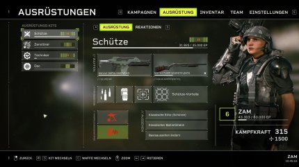 Jede Klasse verfügt über zwei Waffenslots, sowie Platz für Zusatzfähigkeiten, Vorteile (Skills) und zwei Verbrauchsgegenstände.