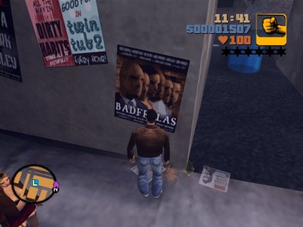 Rockstar und DMA Design entwickelten GTA 3 als Satire und spielten immer wieder auf die Popkultur an. Hier etwa mit dem Filmplakat der „Badfellas“ als Seitenhieb auf den Mafia-Film Goodfellas von 1990.<br> &nbsp;