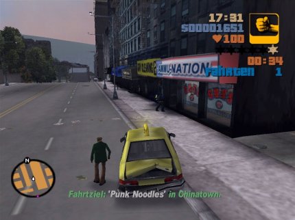 In GTA 3 gibt es auch Nebenjobs abseits der Hauptmissionen. Hier etwa verdient sich Protagonist Claude als Taxifahrer ein wenig Geld dazu. Das Minispiel griff das Konzept des Arcade-Klassikers Crazy Taxi gekonnt auf.<br> &nbsp;