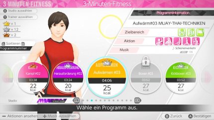 Den Löwenanteil des Spiels macht der 3-Minuten-Modus aus, in dem ihr kurze Trainings spielt. Hier seht ihr auch, welcher Körperbereich jeweils belastet wird.