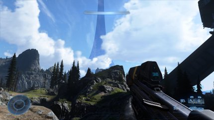 Halo: Infinite - dies ist kein Turm, sondern die sich nach oben fortsetzende Spielewelt, die nämlich radförmig aufgebaut ist. Die Oberfläche, auf der man sich bewegt, befindet sich auf der Innenseite des Rad-Konstrukes.