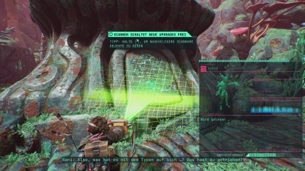 Durch das Scannen verschiedener Pflanzen und Gegenstände erhält man mehr Informationen über die Welt und die vergangene Zivilisation.