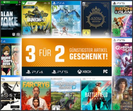 Bei der 3 für 2-Aktion bestellt man drei Spiele und muss nur zwei bezahlen - das günstigste erhält man gratis!