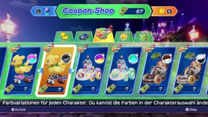 Im Verlauf des Spieles wird man immer wieder mit Coupons belohnt. Mit diesen Coupons kann man im In-Game-Shop Charaktere, Fahrzeuge, Farben, Aufkleber und Hintergründe für das Menü kaufen.<br> &nbsp;