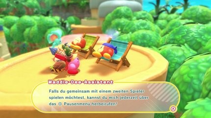 Habt ihr jemanden, der Lust hat, mit euch ins Abenteuer zu springen, wird Kirby von einem besonderen Waddle Dee mit einem Bandana begleitet. Seid ihr eher ein Einzelgänger, nutzt der Waddle-Dee-Assistent allerdings seine Freizeit, um sich auf einem Dach in der Waddle-Dee-Stadt zu sonnen.<br>