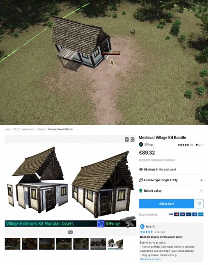Oben seht ihr Kingdoms of Elyria, unten seht ihr das „Medieval Village Kit Bundle“ aus dem Unity-Store. Fällt euch etwas auf? Wo sind die versprochenen Assets aus Chronicles of Elyria und warum wird mit einem Mal die Unity Engine anstatt UE4 verwendet.<br> &nbsp;