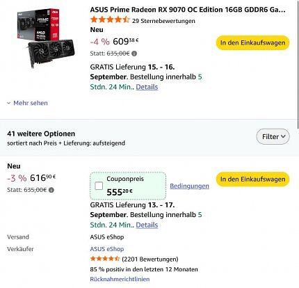 Die Asus Prime Radeon RX 9070 OC Edition ist bei Amazon unter VErgleichspreis im Angebot.