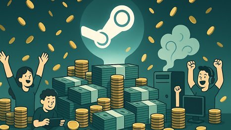 Da dürfte Gabe Newell jubeln, denn mit dem Umsatz des ersten Halbjahres 2026 könnte er sich den passenden Ozean für seine Mega-Jacht kaufen. Das Bild zeigt jubelnde Menschen vor viel Geld und das Steam-Logo.