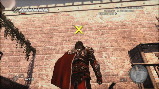 Assassin's Creed: Brotherhood Komplettlösung: Glyphen-Rätsel Nr. 1: Die erste Glyphe befindet sich an der mit dem X markierten Innenseite der östlichen Mauer der Prätorianer-Burg. Klettert dazu einfach die Wand empor. (2)