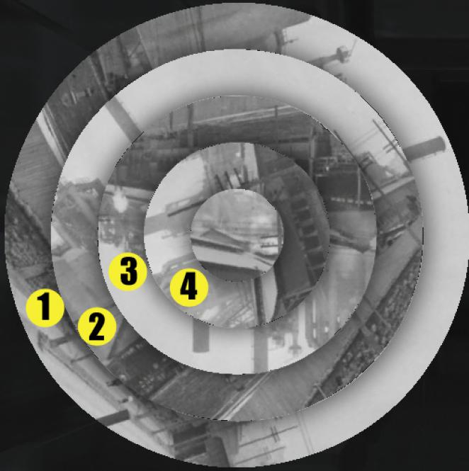 Assassin's Creed: Brotherhood Komplettlösung: Glyphen-Rätsel Nr. 2: Beim mittleren Bild beginnt ihr danach mit zwei Linksdrehungen von 1 & 4. Danach folgt eine 180-Grad-Dehung nach rechts mit 2 & 4. Bewegt nun die 3 fünf Mal rechts und die 2 vier Mal links herum. 