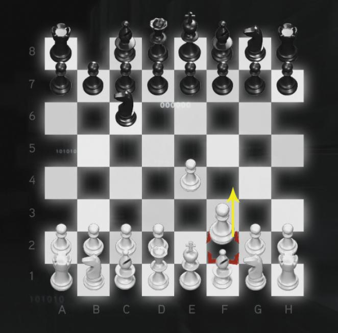 Assassin's Creed: Brotherhood Komplettlösung: Glyphen-Rätsel Nr. 2: Beim zweiten Schachzug setzt ihr den Bauern auf F2 ebenfalls zwei Felder nach vorne und platziert ihn zur Rechten des ersten Bauern.
