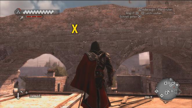 Assassin's Creed: Brotherhood Komplettlösung: Glyphen-Rätsel Nr. 7: Die siebte Glyphe ist richtig fies platziert. Ihr findet sie an der abgebildeten Stelle des Claudia-Aquäduktes (siehe Karte). Um die Glyphe zu erreichen, müsst ihr jedoch über eine Holzleiter weiter westlich erst auf die Wasserstraße hoch und euch fallen lassen. (2)