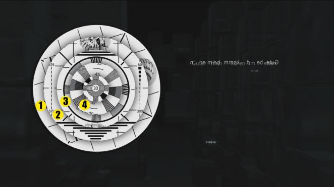 Assassin's Creed: Brotherhood Komplettlösung: Glyphen-Rätsel Nr. 8: Startet mit einer Linksrotation der Kombination 3 & 4. Darauf folgen zwei Drehungen der Scheiben 1 & 4 nach rechts. Vier Linksdrehungen mit 1 & 3 später erstrahlt das Bild in altem Glanz.