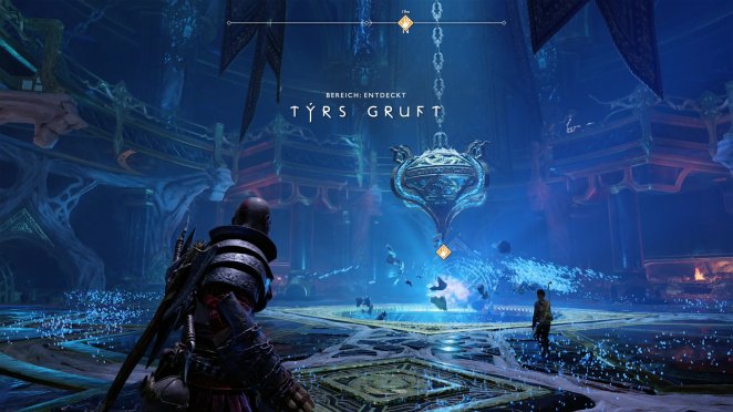 In Tyrs Tempel ist die Schwarze Rune nach Jötunheim von einem Verteidigungsmechanismus gesichtert.