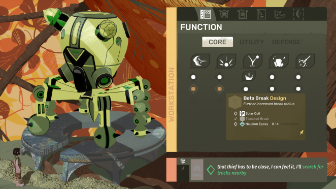 Ein kleiner Mech-Baukasten darf natürlich nicht fehlen. Habt ihr die nötige Inspiration und genug Ressourcen, bastelt ihr euch neue Teile, die rein kosmetisch sein können oder eure Fähigkeiten erweitern.