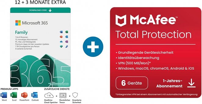 39. Platz: Microsoft 365 Family 12+3 Monate Abonnement | 6 Nutzer | Mehrere PCs/Macs, Tablets/mobile Geräte | Download Code + McAfee Total Protection 2022 | 6 Geräte |12 Monate Abonnement | Download Code