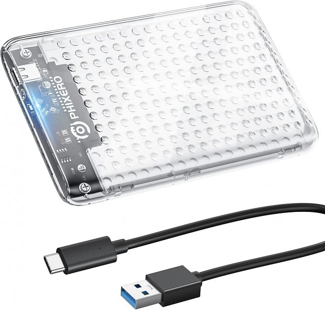 Festplattengehäuse 2,5 Zoll, PHIXERO 6Gbps USB C 3.1 Gen 1 Werkzeugloses Externe SSD Gehäuse für 2,5 Zoll SATA SSD und HDD in Höhe 9.5mm/7mm, UASP unterstützt, SATA Gehäuse mit USB C 3.1 Kabel - Klar