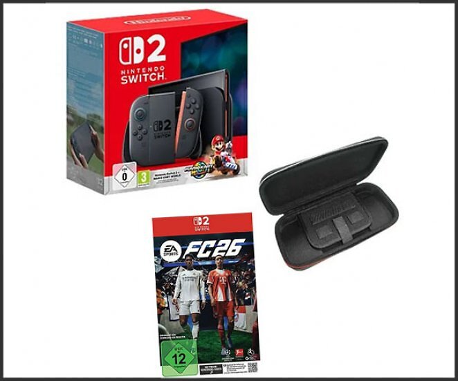NINTENDO Switch 2 + Mario Kart World + EA Sports FC 26 + Aufbewahrungstasche