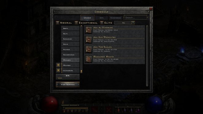Die Chronik funktioniert wie ein Loot-Tagebuch für euren Charakter. Sogar Runenwörter werden sauber aufgelistet.
