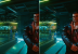 Rechts seht ihr die Szene inklusive Raytracing. Das Licht an der Decke (1) und der Wand (3) ist realistischer, es gibt Reflexionen am Boden (2 und vor allem 5, wo das Wandgitter sich spiegelt), Licht und Schatten bei Gesicht und Hals sind aufwendiger berechnet.