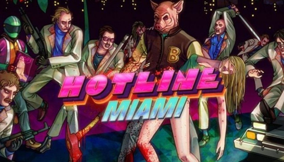 Schriftzug "Hotline Miami" mit mehreren Figuren im Hintergrund