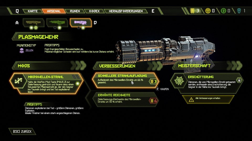 In Doom Eternal wimmelt es nur so vor Upgade-Systemen. Wie im letzten Teil dürft ihr für jede Waffe zwei Schussmodi freischalten und danach weiter verbessern.