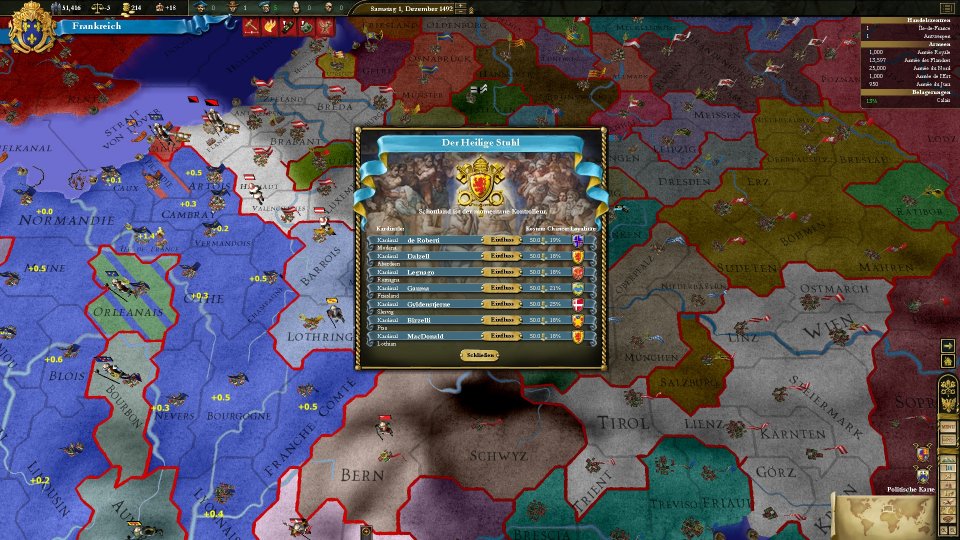 Sowohl das Heilige Römische Reich als auch der Heilige Stuhl nahmen eine gesonderte Rolle in Europa Universal 3 ein, weil sie einen länderübergreifenden Einfluss hatten. <br> &nbsp;