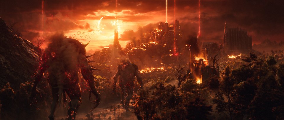Eine blutrote Landschaft mit einem Turm in der Ferne in Lords of the Fallen