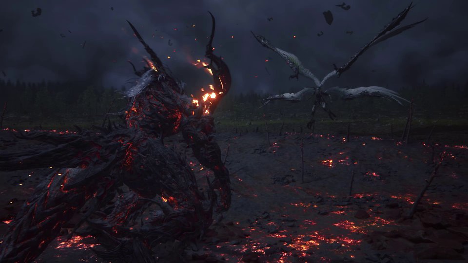 Die Esper Ifrit und Garuda stehen sich in einer verbrannten Landschaft gegenüber.