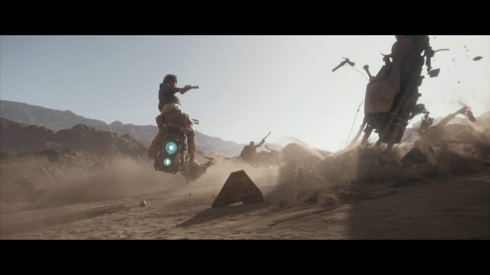 In einer wilden Verfolgungsjagd auf Speederbikes kämpft Kay gegen Verfolger.