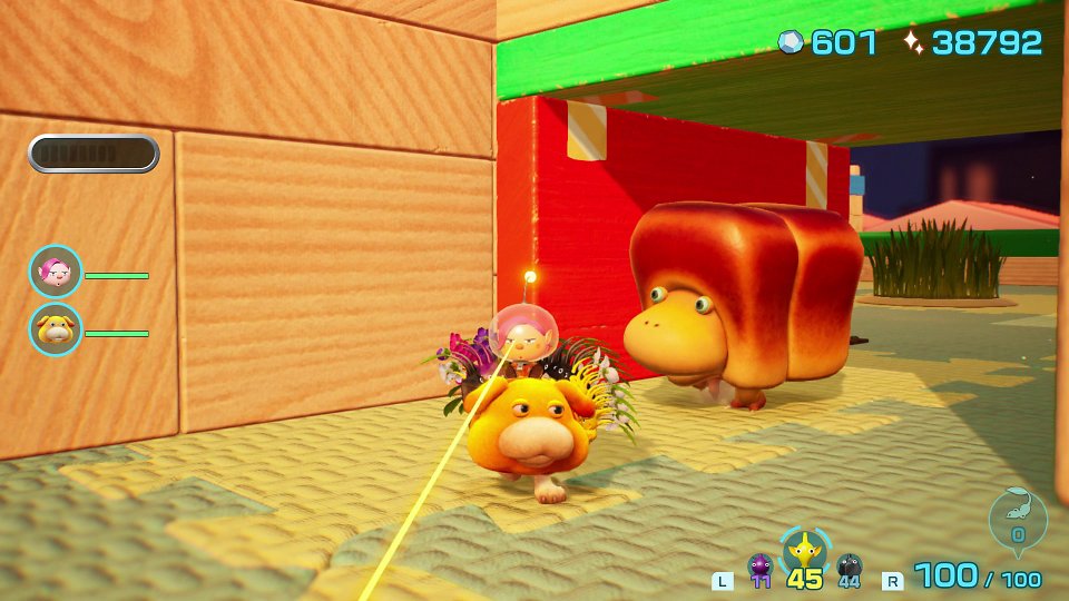 Man sieht Otschin, der unseren Astronauten und die Pikmin trägt.