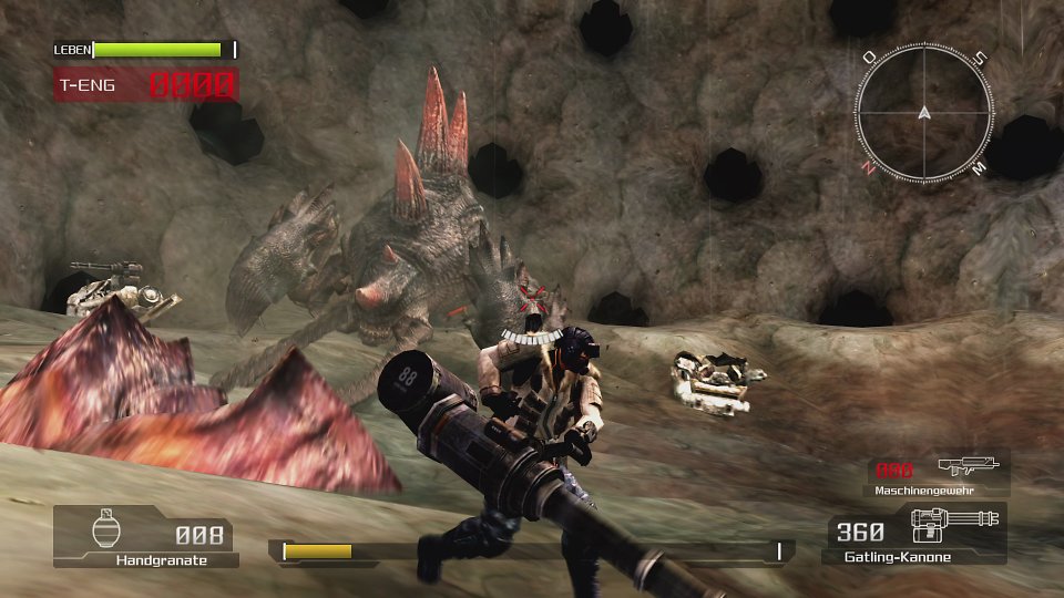 Wayne läuft mit einer Gatling-Gun in der Hand vor einem Akriden-Boss weg.