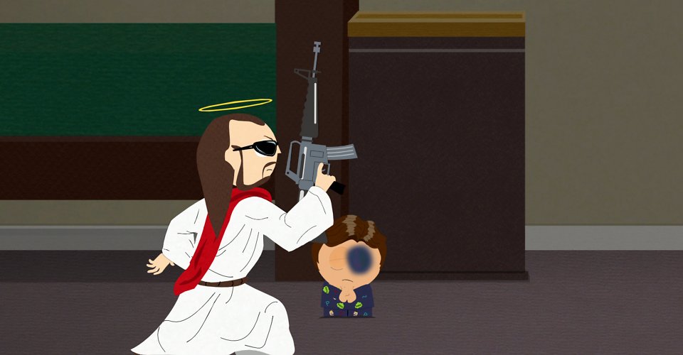 Jesus mit Gewehr und Sonnenbrille vor einem betenden Kind.