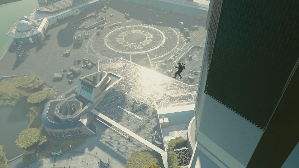Der Charakter springt den Abgrund zum Space Port hinunter