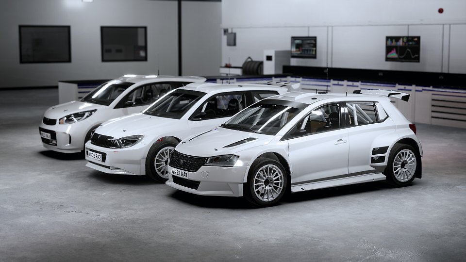 Eine Reihe von Automodellen stehen nebeneinander in einer Garage.