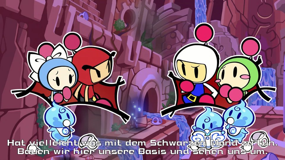 Eine Zwischensequenz mit den Bomberman-Geschwistern und den kleinen, blauen Ellons.