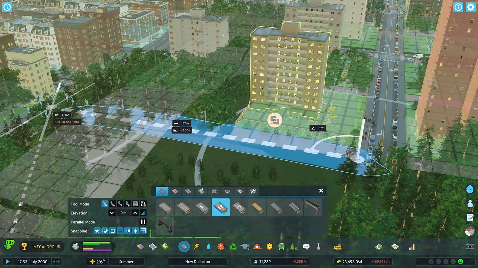 Einblick in das Straßenbau-Tool mit Hilfslinien.