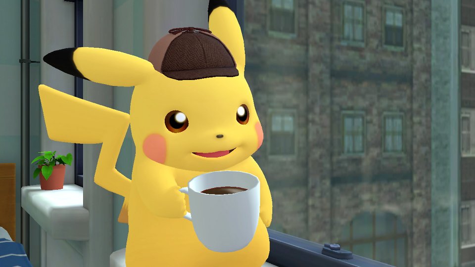 Meisterdetektiv Pikachu trinkt einen Kaffee