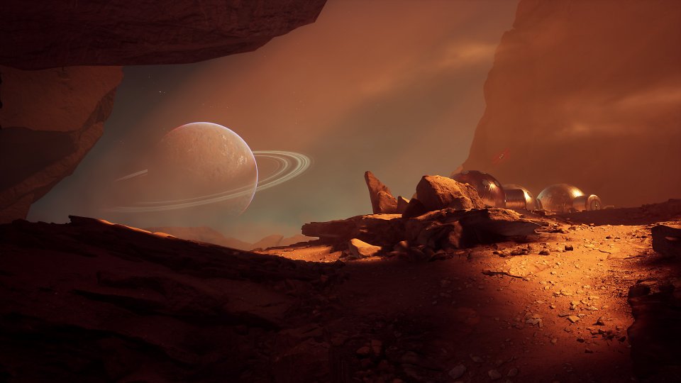 Ein Planet im Hintergrund einer beigen Landschaft.
