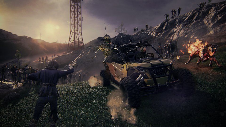 Ein Buggy mit Spielern fährt an einer Horde Zombies vorbei