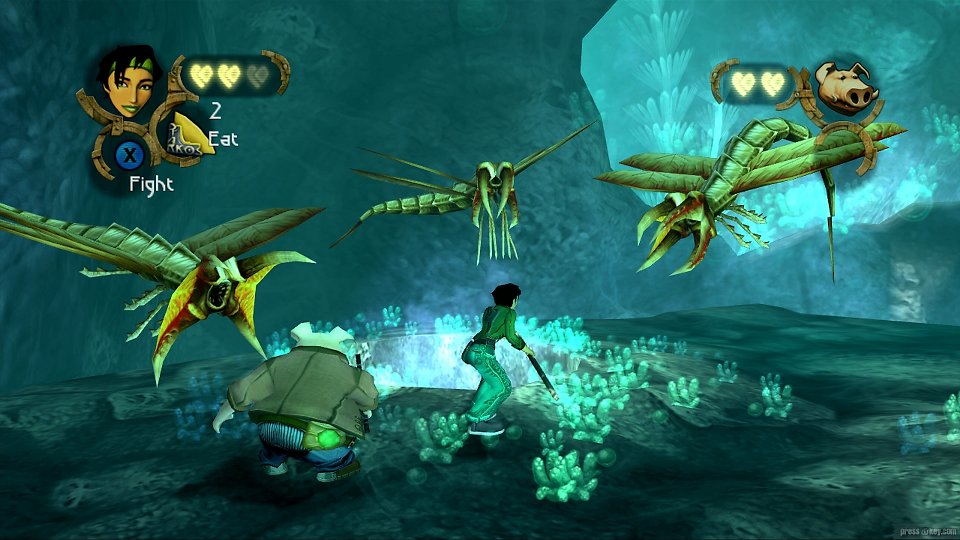 Eine typische Kampfszene aus Beyond Good &amp; Evil, in der es Jade und Pey'j mit fliegenden Gegnern zu tun bekommen.